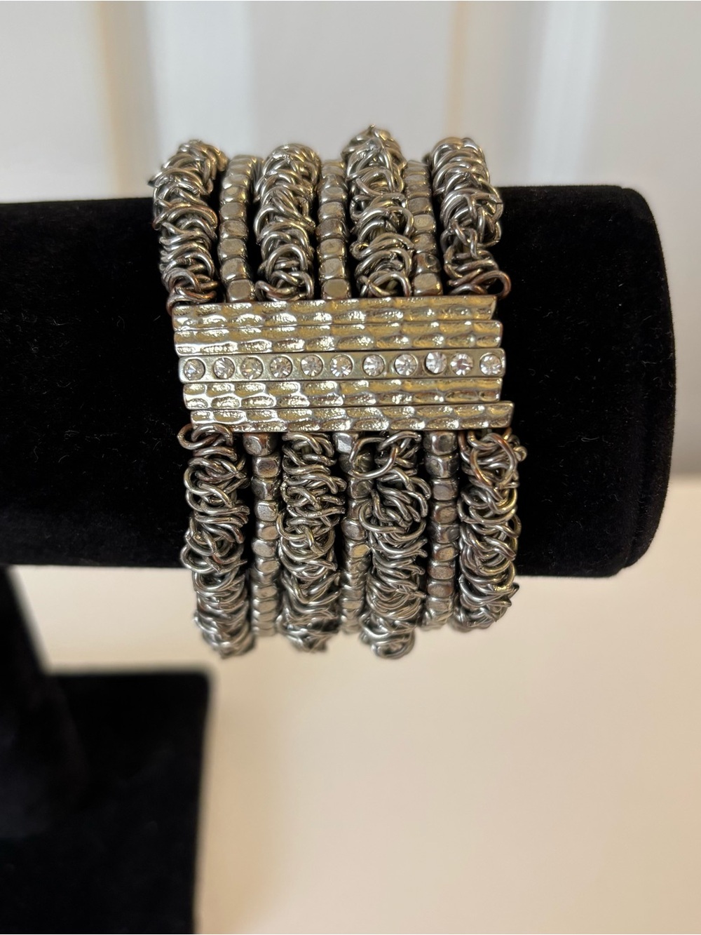 Stretchy Multi Strand Chain Link Bracelet Rhinestone Bar Gunmetal Silver Tone
